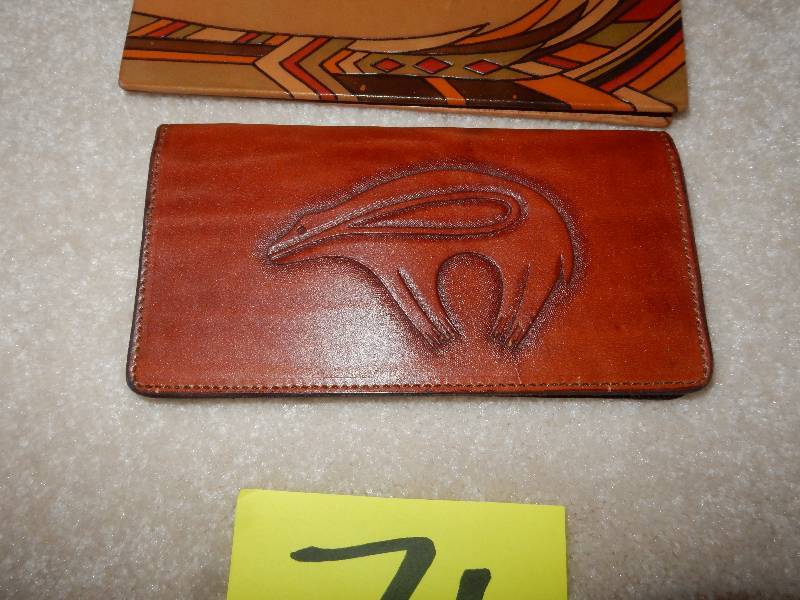 4 leather billfolds, check book cover.. Pheasant feather hand bag