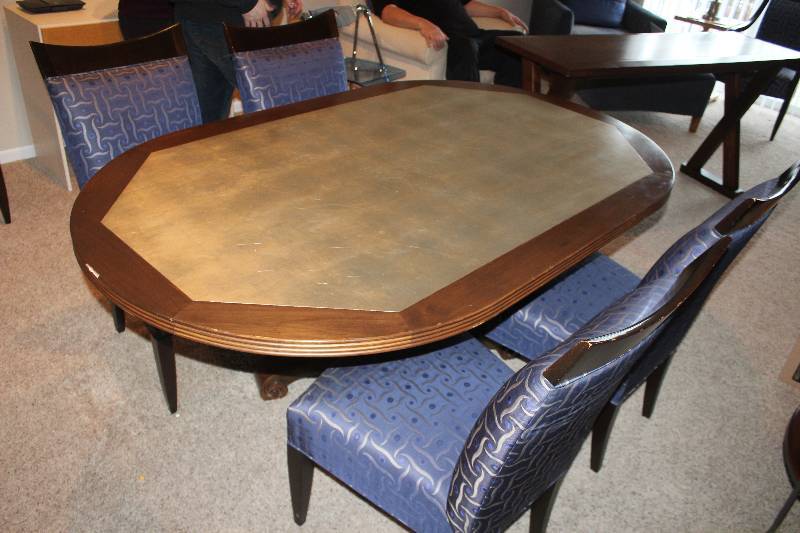 lot 1566 image: Custom Built Wood Table with (4) Donghia Upholstered Chairs