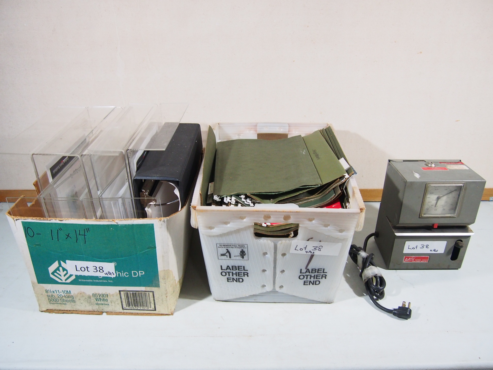lot 38 image: Office Lot Time Clock, Hanging Folders, Acrylic Counter Sign Display Holders