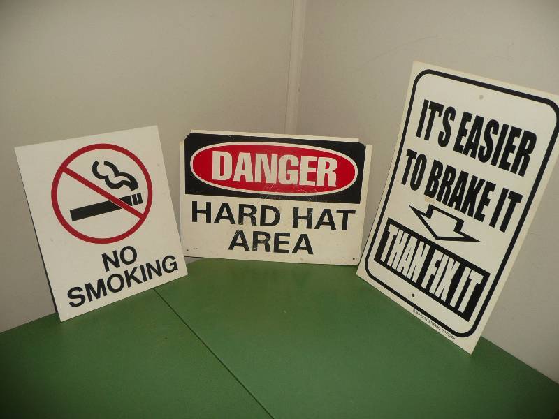 Vintage Plastic Signs - No Smoking, Danger Hard Hat Area & Shop Sign - See Pictures