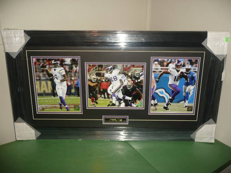 New & Professionally Framed - Minnesota Vikings Trio - Adrian Peterson, Teddy Bridgewater & Charles Johnson - 36 by 19