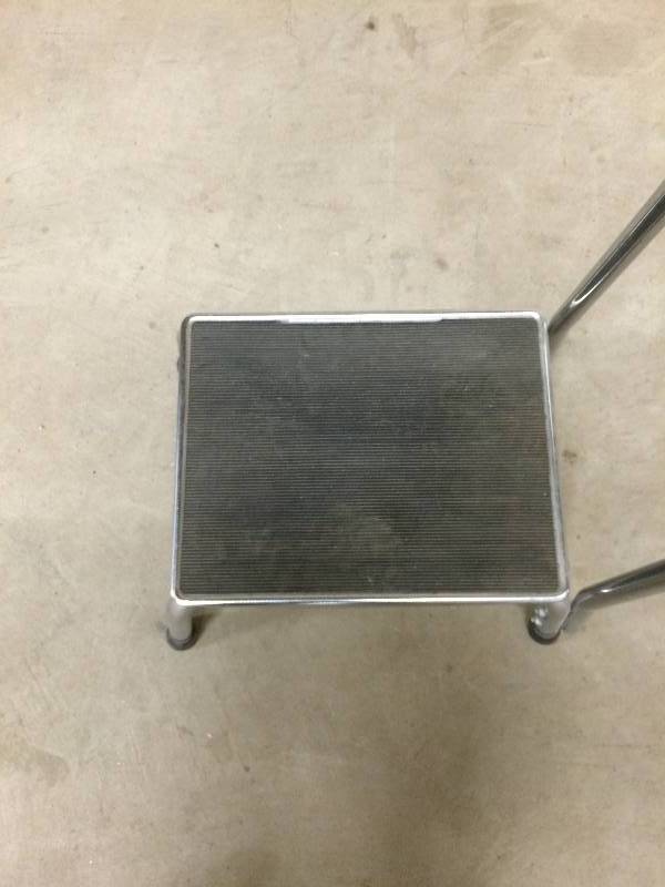 lot 17 image: Retails New $100 Brewer 11220 - Industrial Chrome Plated Step Stool with Handrail Stainless Look Footstool Non Skid Rib Rubber Platform Reinforced Rubber Feet Stepstool Excellent Condition