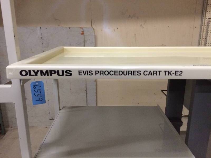 lot 46 image: Retails Used $600 Medical Grade OLYMPUS EVIS Multi Shelf Endoscopy Mobile Workstation Procedures Cart TK-E2 Locking Wheels - Fantastic For Mechanics Garage