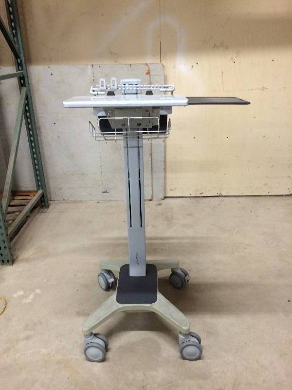 lot 50 image: Retails Used $600 Ergotron Sit Stand Height Adjustible Mobile PC Desktop Computer & Monitor Workstation Cart Portable Desk W Extra Slide Out Table Mousepad & STorage Locking Wheels - I want one