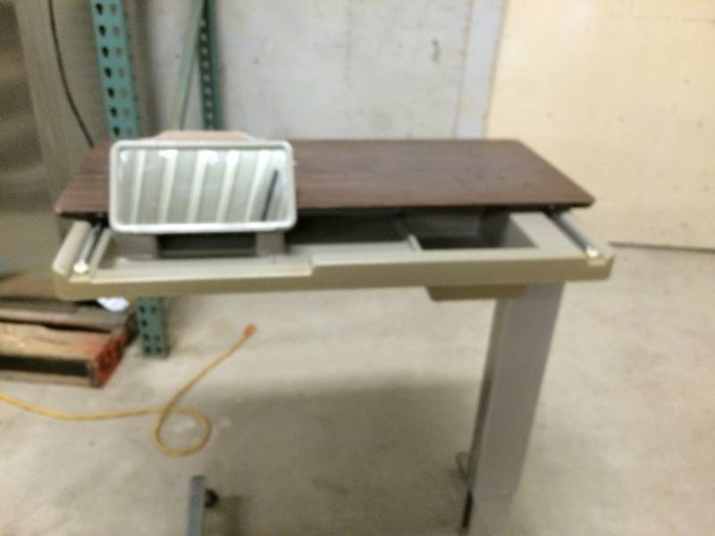 lot 51 image: Online Used $200 Mobile Height Adjustible Great For Home Office Wood Grain Surface Laptop Computer Use or Overbed Workstation Tray Table With Mirror - Super Condition