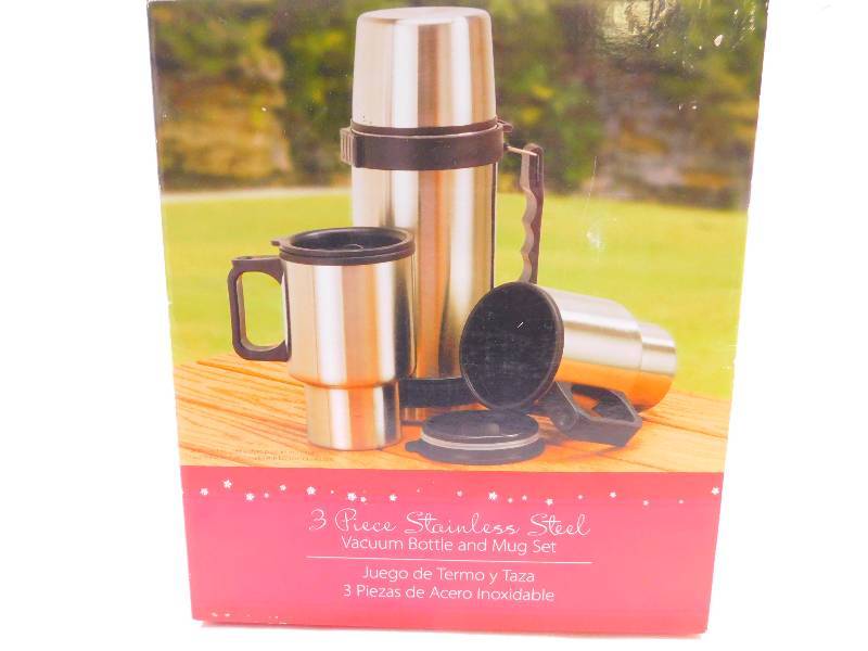 lot 13 image: 3 Piece Stainless Steel Bottle & Mug Set - Brand New