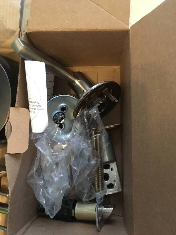lot 45 image: Box of Misc Handles, locks, plates, and parts.