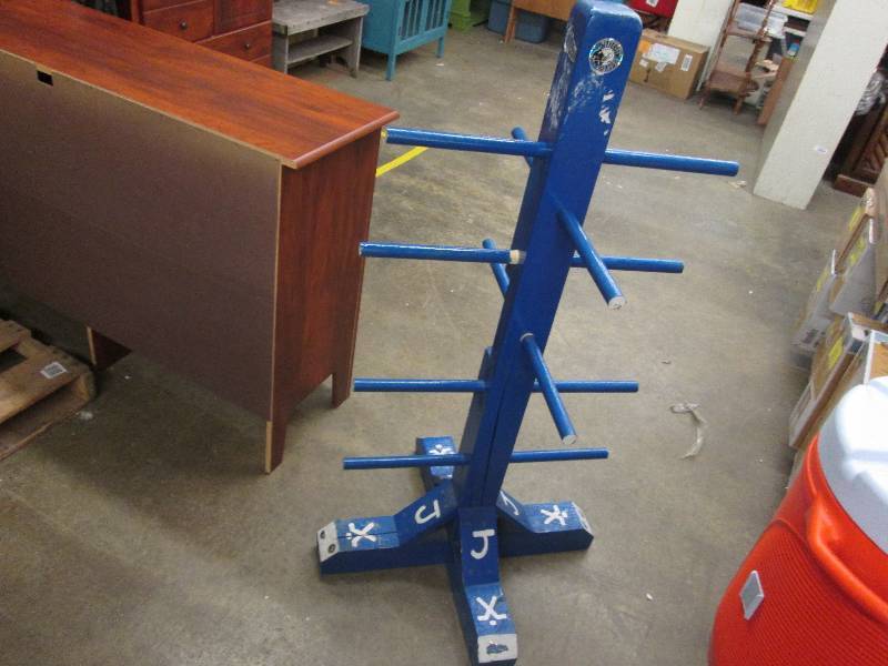 lot 12 image: Blue Painted Rack, sports equipment...