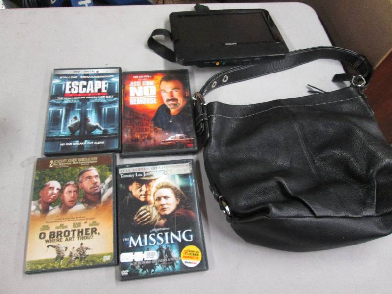 lot 42 image: Black Coach Handbag, 4 DVD movies...