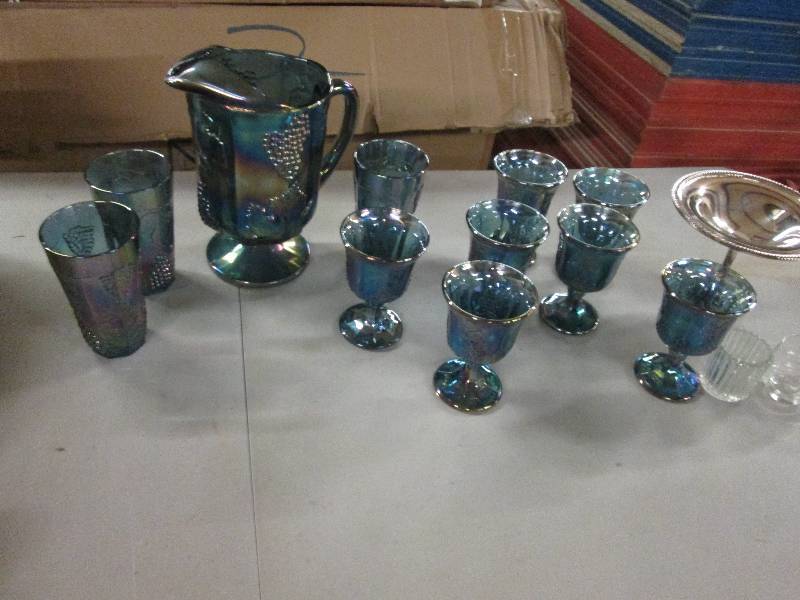 lot 120 image: Carnival Glass Pitcher with 3 Tumbl...