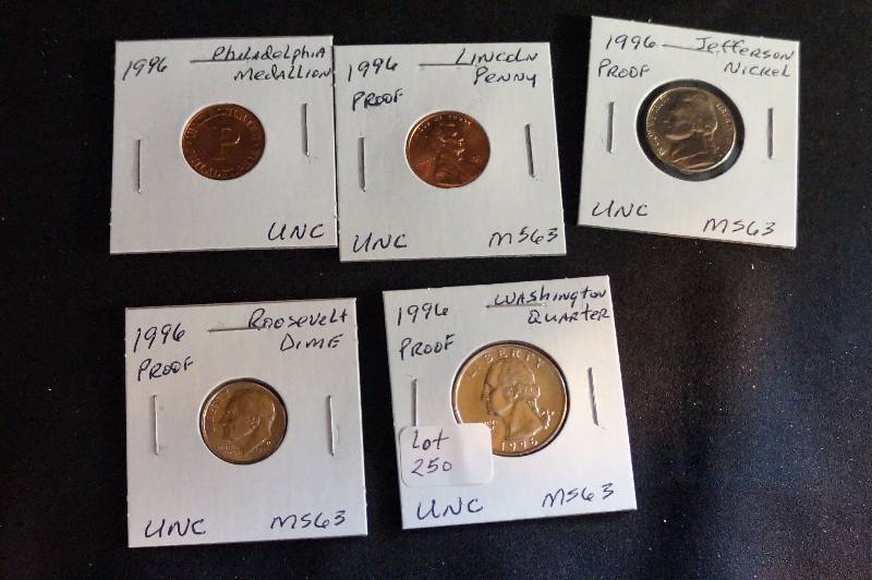 1996 MS63 Proof Uncirculated Washington Quarter, Jefferson Nickel, Roosevelt Dime, Lincoln Penny and Philadelphia Medallion