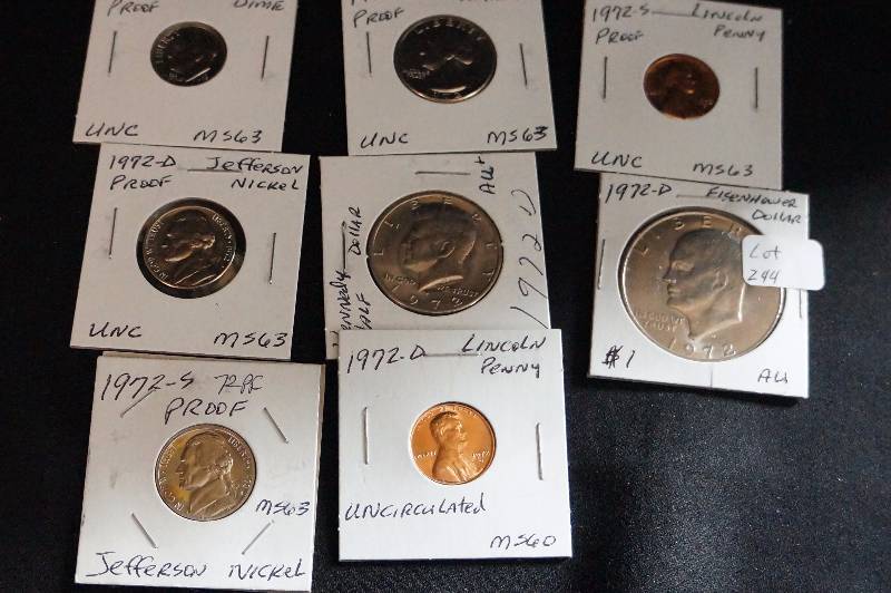 1972-D Eisenhower, 1972-D Kennedy Half, 1972-D Washington Quarter, 1972-D Jefferson Nickel, 1972-D Roosevelt Dime. 1972-D Lincoln Penny, 1972-S Silver Jefferson Nickel Proof, 1972-S Proof Lincoln Penny