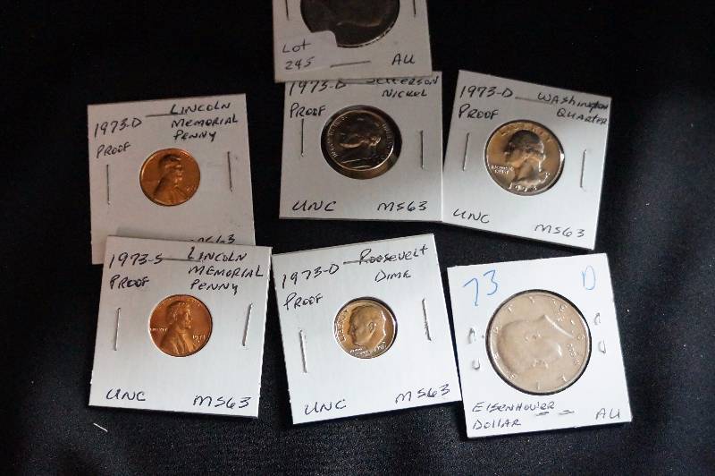 1973 P&D Kennedy Half Dollars, D-Washington Quarter, D-Jefferson Nickel, D-Roosevelt Dime, D-Lincoln Penny, S-Proof Lincoln Penny- MS63