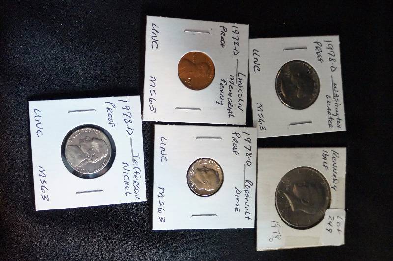 1978 Kennedy Half Dollar, MS63 Proof Washington Quarter, Jefferson Nickel, Roosevelt and Lincoln Penny