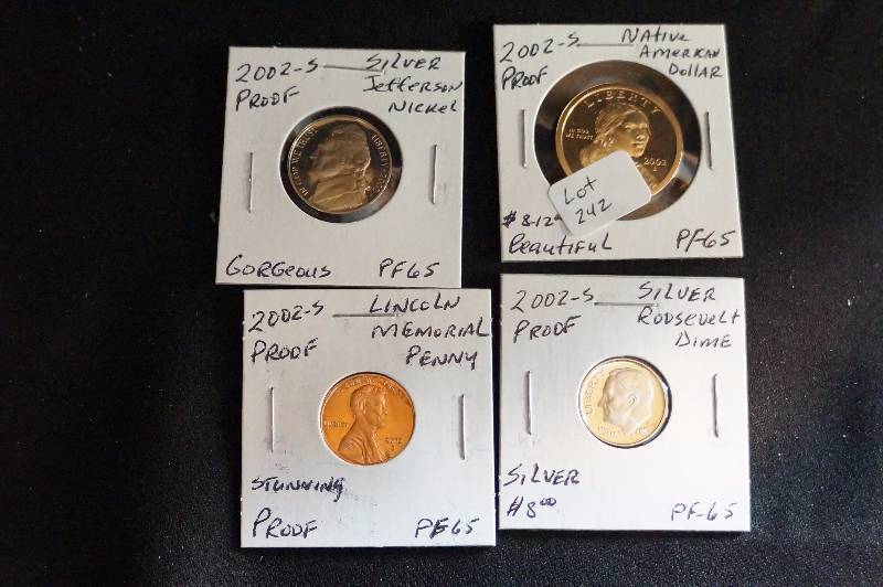 2002-S Silver Proof Native American Dollar, Jefferson Nickel, Roosevelt Dime, Lincoln Memorial Penny- PF65