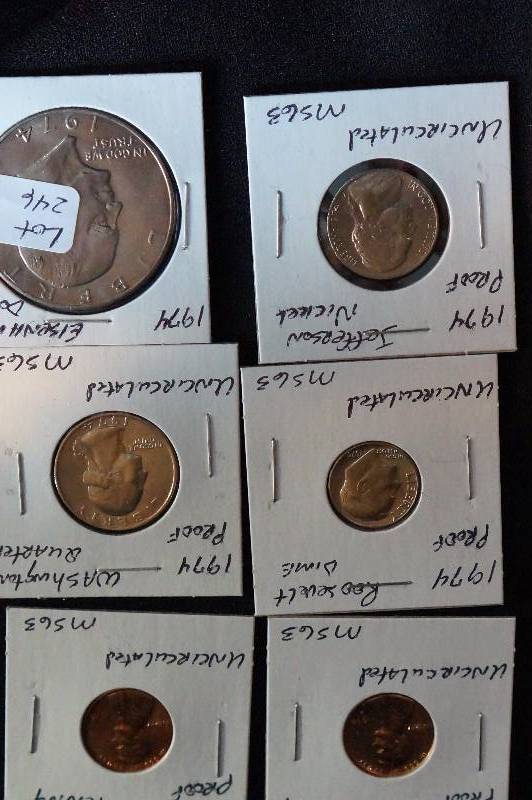 1974 Eisenhower Dollar, MS63 Silver Washington Quarter, Jefferson Nickel, Roosevelt Dime, Lincoln Penny, S- Proof Lincoln Penny