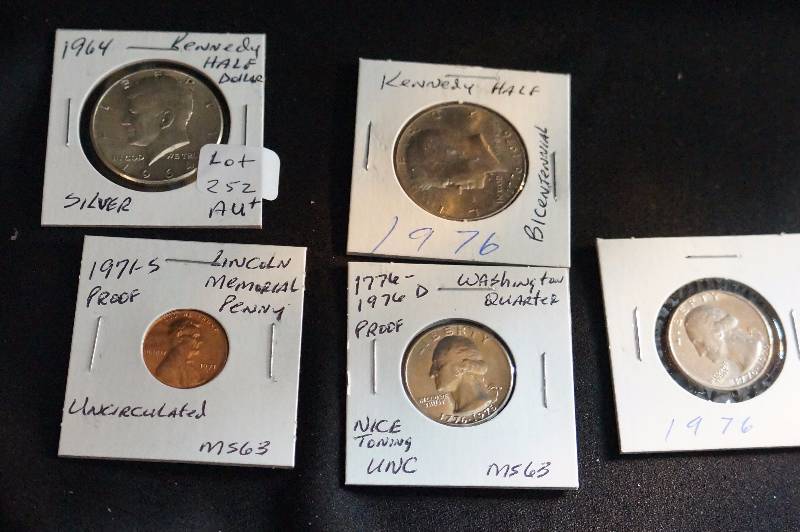 1964 Silver Kennedy Half, 1776-1976 Bicentennial Half, 1776-1976 Bicentennial Quarter, 1776-1976 D MS63 Bicentennial Uncirculated Washington Quarter, 1971-s Proof MS-63 Lincoln Penny