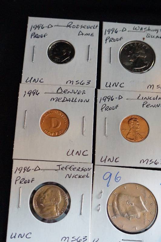 1996-D Kennedy Half Dollar AU, MS63 Proof Washington Quarter, Jefferson Nickel, Roosevelt Dime, Lincoln Penny and Denver Medallion