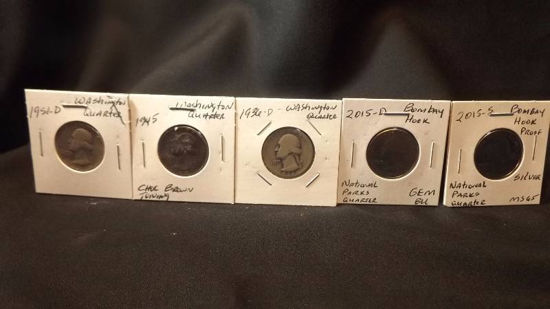 1951-D, 1945, 1936-D,  Washington Quarter& 2015-D & S Bombay Hook National Park Quarter