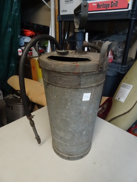lot 54 image: Vintage Dobbins super bilt galvanized hand pump fire extinguisher.