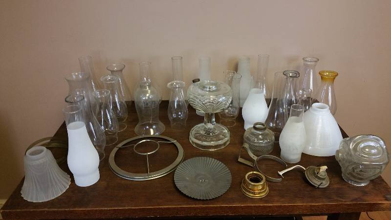 lot 214 image: Aladdin Kerosene Lamp, Parts, and Chimneys
