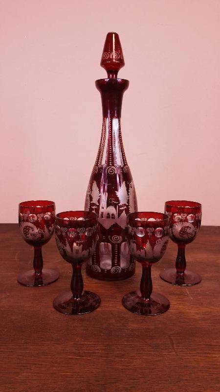 lot 11 image: Bohemian Ruby-cut-to-clear Decanter and Goblets