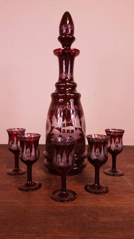 lot 12 image: Bohemian Ruby-cut-to-clear Decanter and Cordials
