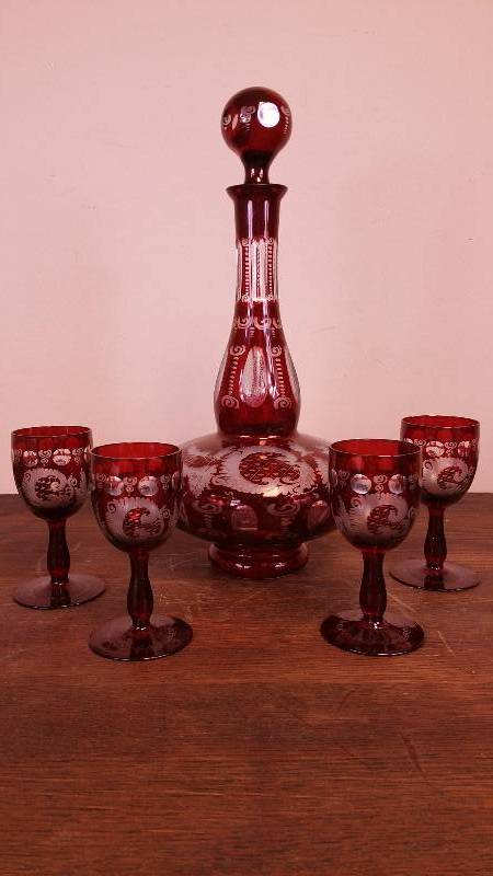 lot 13 image: Bohemian Ruby-cut-to-clear Decanter and Goblets
