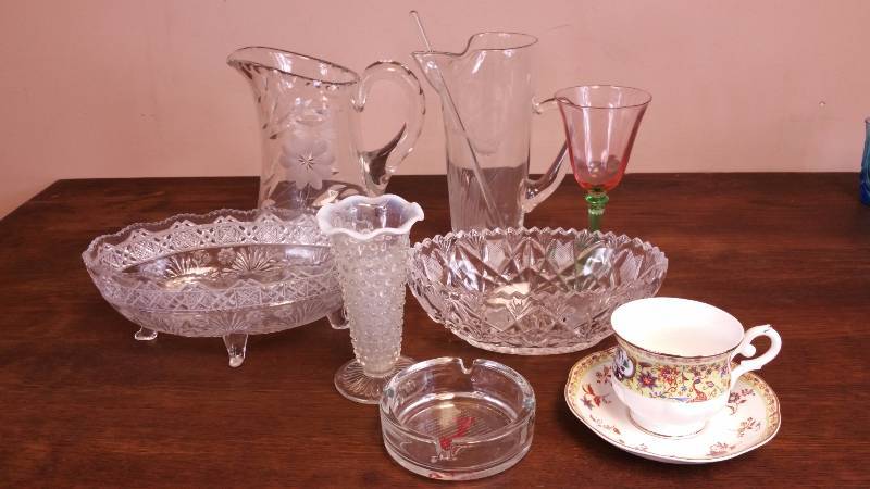 lot 30 image: Etched Crystal Pitchers, Opalescent Vase, Etc.