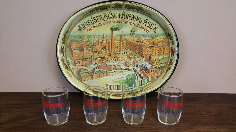 lot 33 image: Anheuser Busch Beer Serving Tray  (4) Hamms Glasses