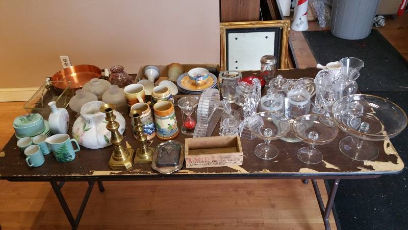 lot 34 image: Princess House Crystal, Vintage Tea Items, Light Shades, and More