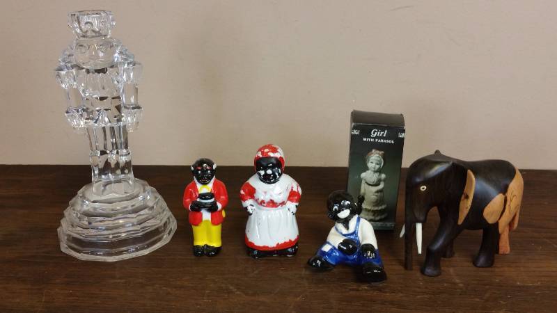 lot 48 image: Mammy and Pappy Salt & Pepper  Crystal Nutcracker Candle Holder, More