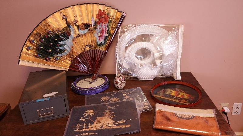 lot 108 image: Metal Filing Drawer, Oriental Dcor, Plastic Dcor Set, Etc.