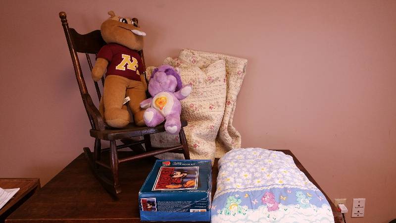 lot 111 image: Childs Rocker, MN Gophers Plush, 1980s Care Bear Plush, Mickey Mouse, Blanket, Etc.