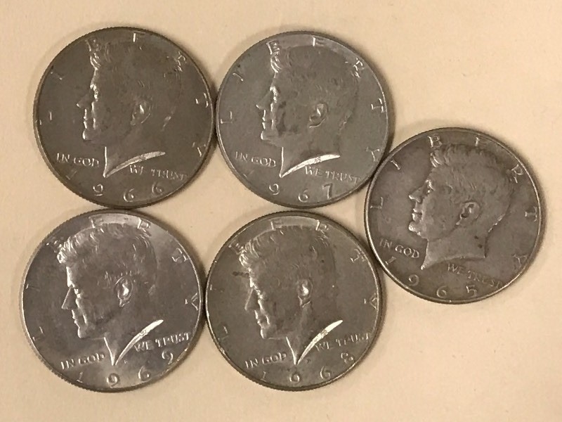 (5) Kennedy Half Dollars 1965-1969...