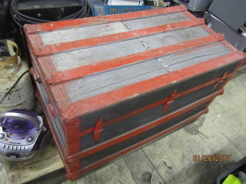 lot 135 image: Antique Red Trunk and contents, aut...