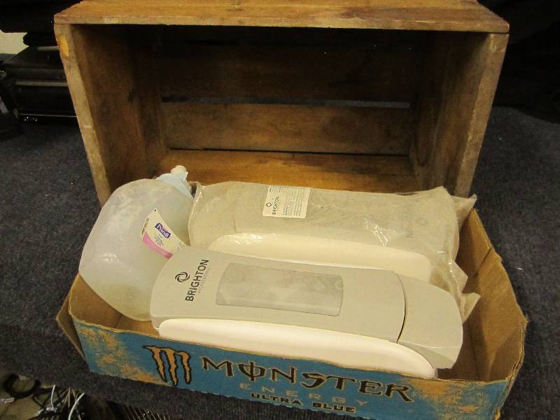 lot 145 image: Wooden Crate, 2 Soap Dispensers...