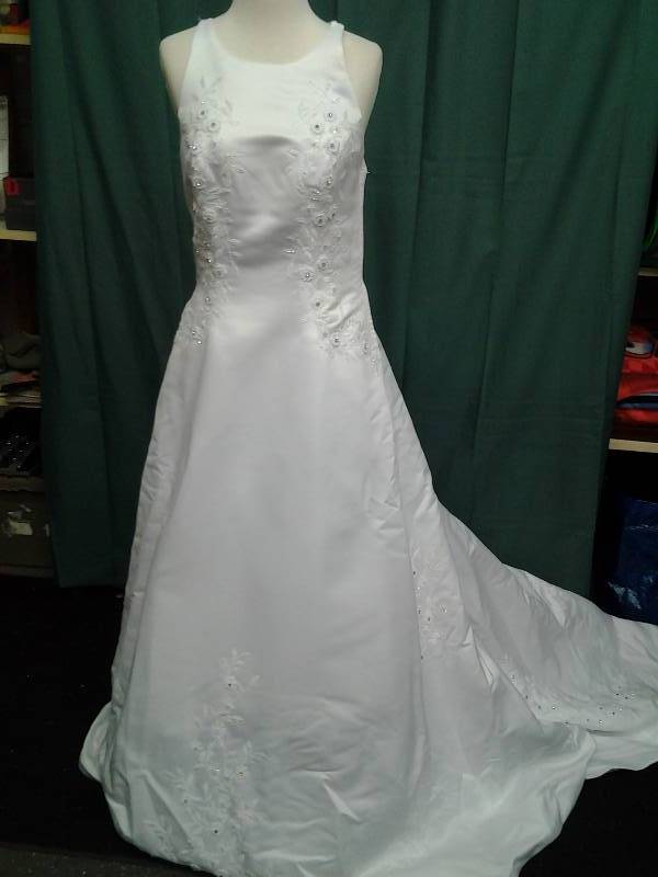 lot 16 image: White Satin Rhinestones Sheer Back Size 12
