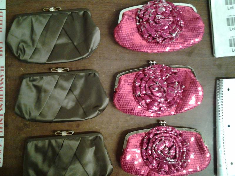 lot 29 image: 3-Satin Brown Rhinestone, 3-Hot Pink Sequin Clutch Purses 9x4x1 12