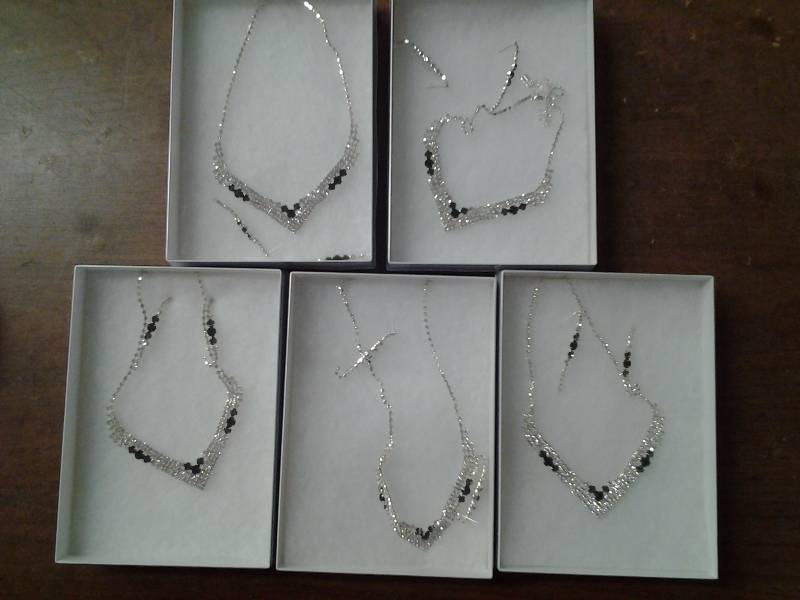 lot 37 image: 5-Silver Tone Necklace & Pierced Earring Sets With Black Stones