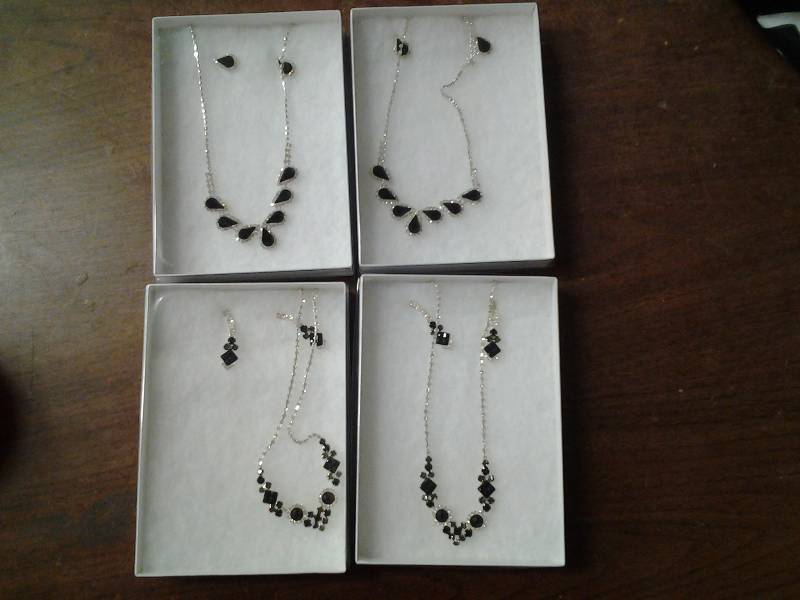 lot 39 image: 4-Silver Tone Necklace & Pierced Earring Sets With Black Stones