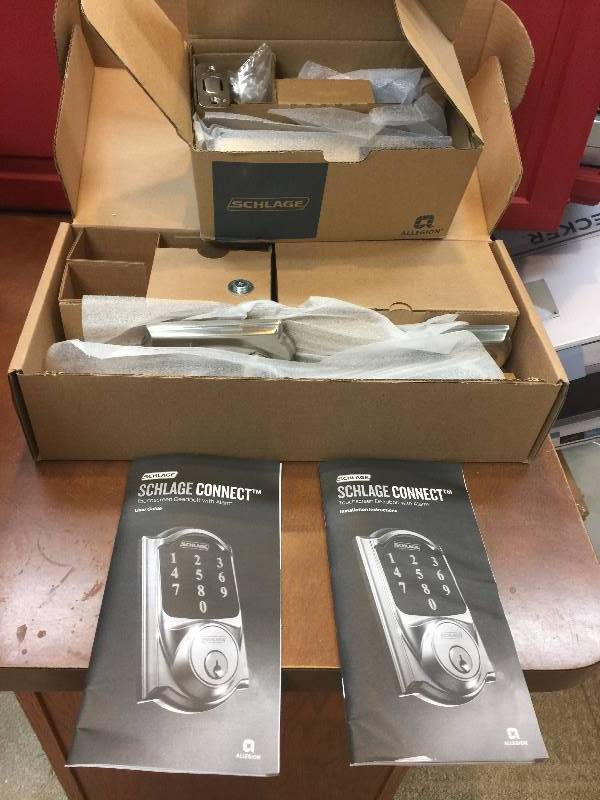 lot 79 image: Schlage Connect Century Satin Nickel Touchscreen Deadbolt with Alarm and Handle Set with Latitude Interior Lever new