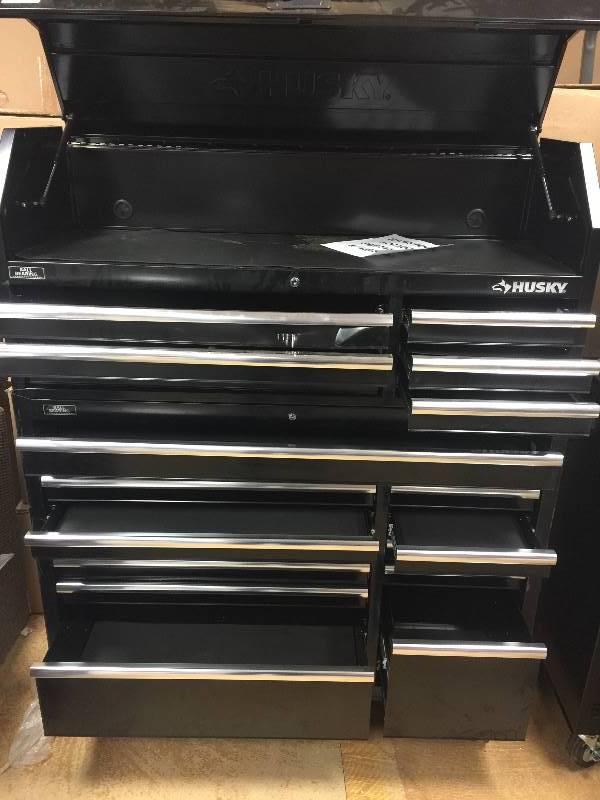lot 19 image: Husky 52 in. 18-Drawer Tool Chest and Rolling Tool Cabinet Set, Black dents present review pictures