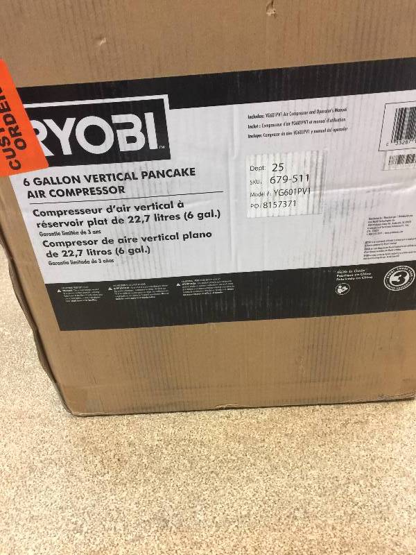 lot 6 image: Ryobi 6 Gallon Vertical Pancake Air Compressor New