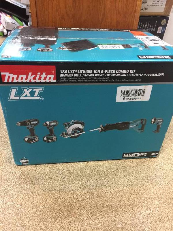 lot 1 image: Makita 18-Volt LXT Lithium-Ion Cordless Combo Kit (5-Tool) New, Model # XT505