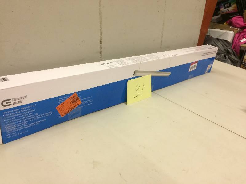 lot 31 image: Commercial electric Rugged 2-Lamp Hanging Fluorescent Gray ShopLight never used