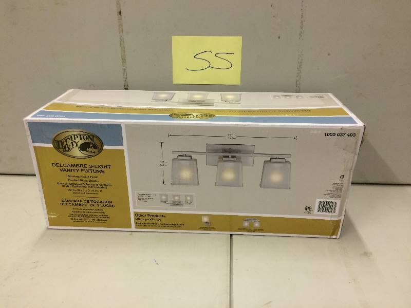 lot 55 image: Hampton Bay V432NK03 3-Light Vanity Wall Fixture, Brushed Nickel 694753090274 never used