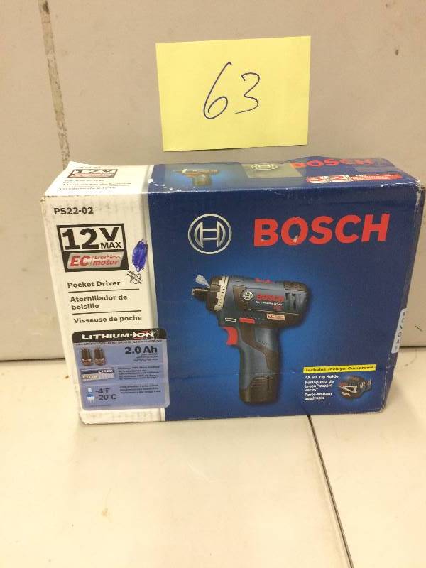 lot 63 image: Bosch 12 Volt Lithium-Ion Cordless Electric 14 in. Hex 2-Speed Pocket Driver with (2) 2.0 Ah Batteries never used