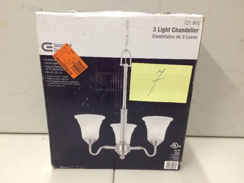 lot 7 image: Commercial electric 3 Light Chandelier Model 721 805 never used