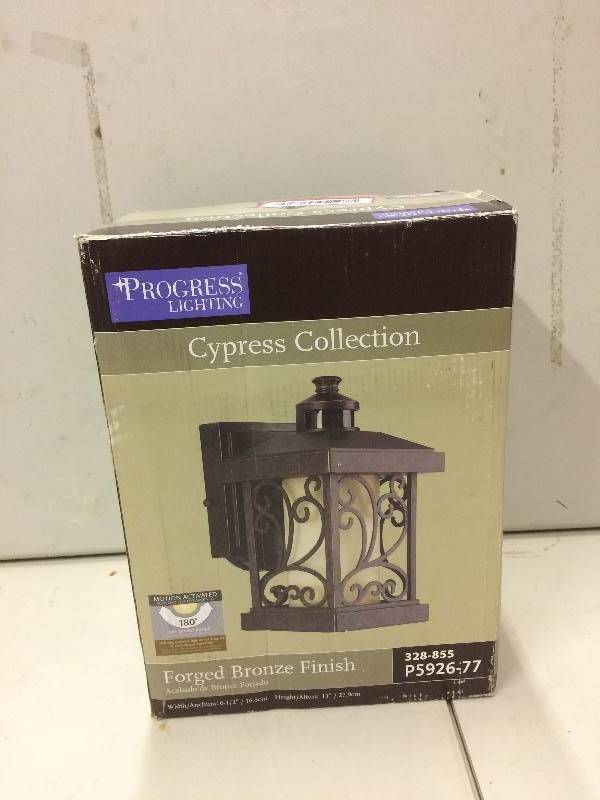 lot 14 image: Progress Lightning Cypress Collection 1-Light Forged Bronze Motion Sensing Outdoor Wall Lantern never used